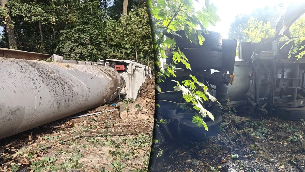 Ciężarówka z cysterną wypadła z DK12 i przewróciła się w lesie