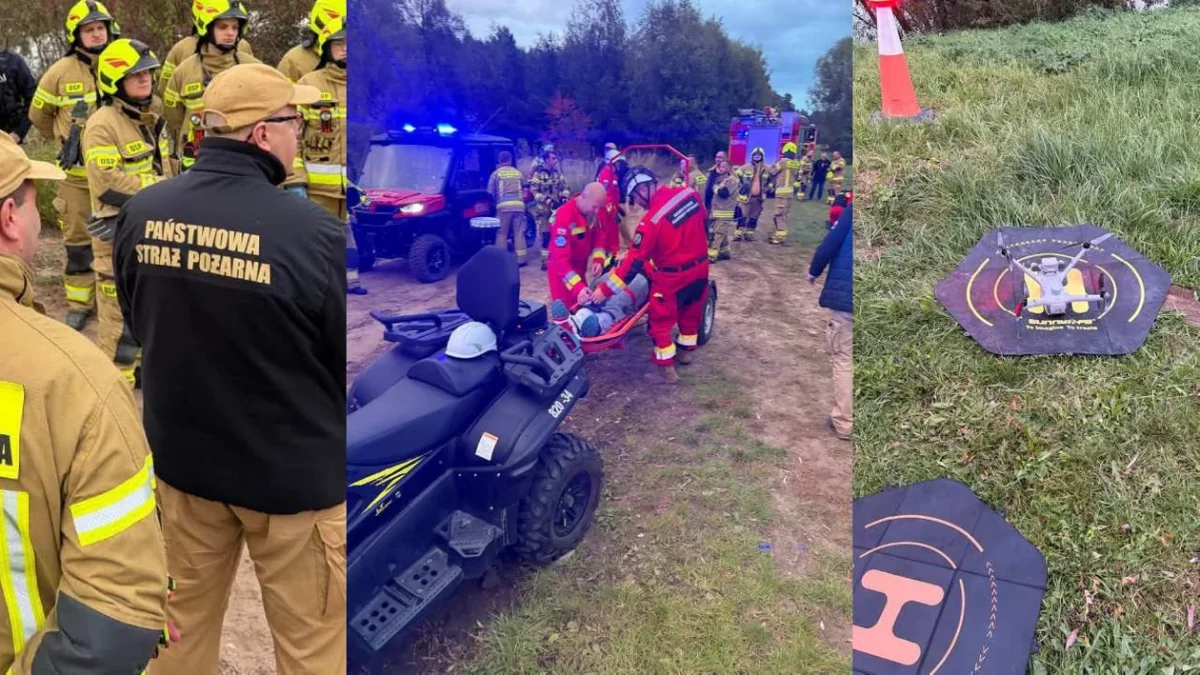 Kilkudziesięciu policjantów, strażaków i ratowników poszukiwało trzech ofiar wypadku drogowego. Zaginionych znaleziono przy pomocy dronów